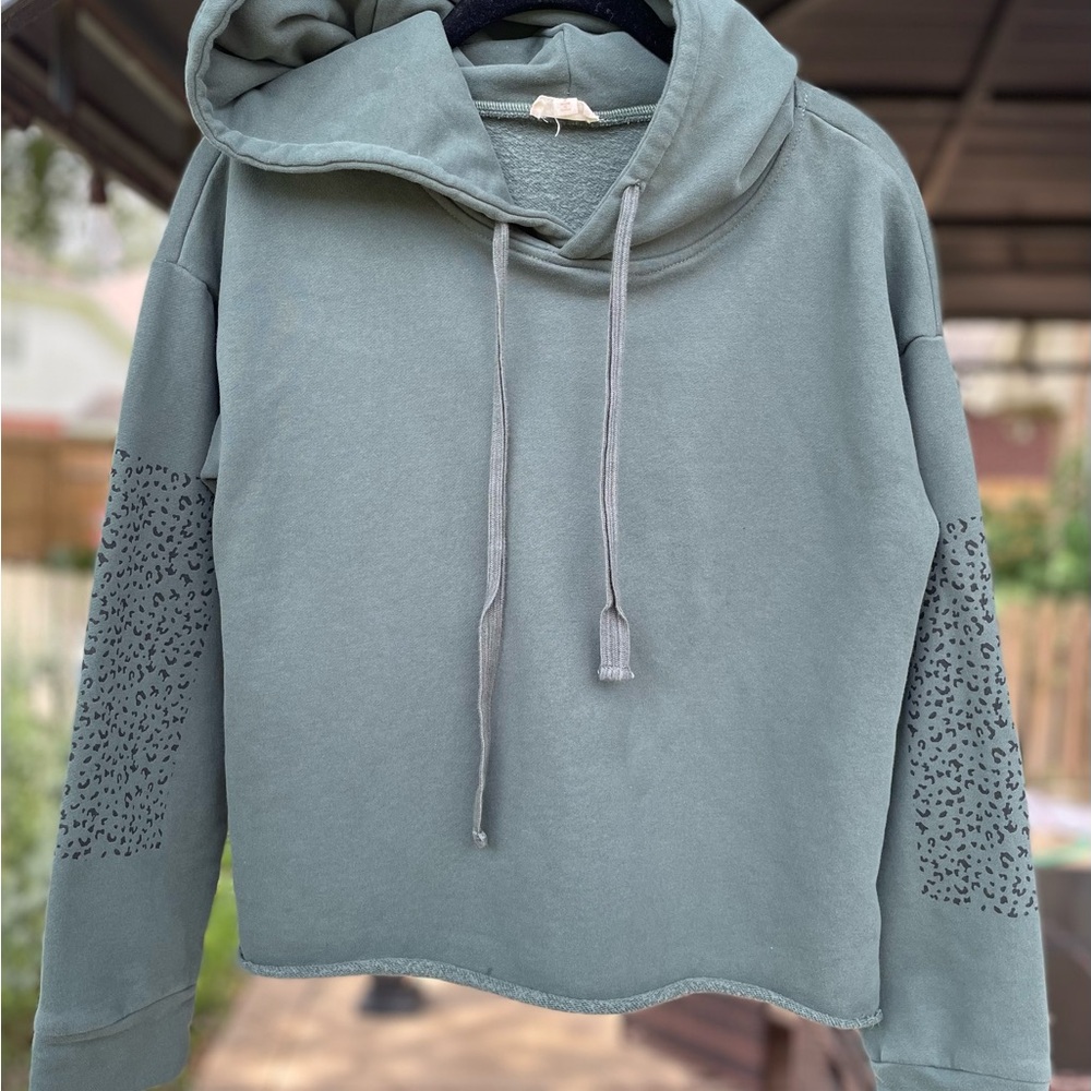 Hem & Thread Sage Cropped Hoodie with Animal Print Sleeves